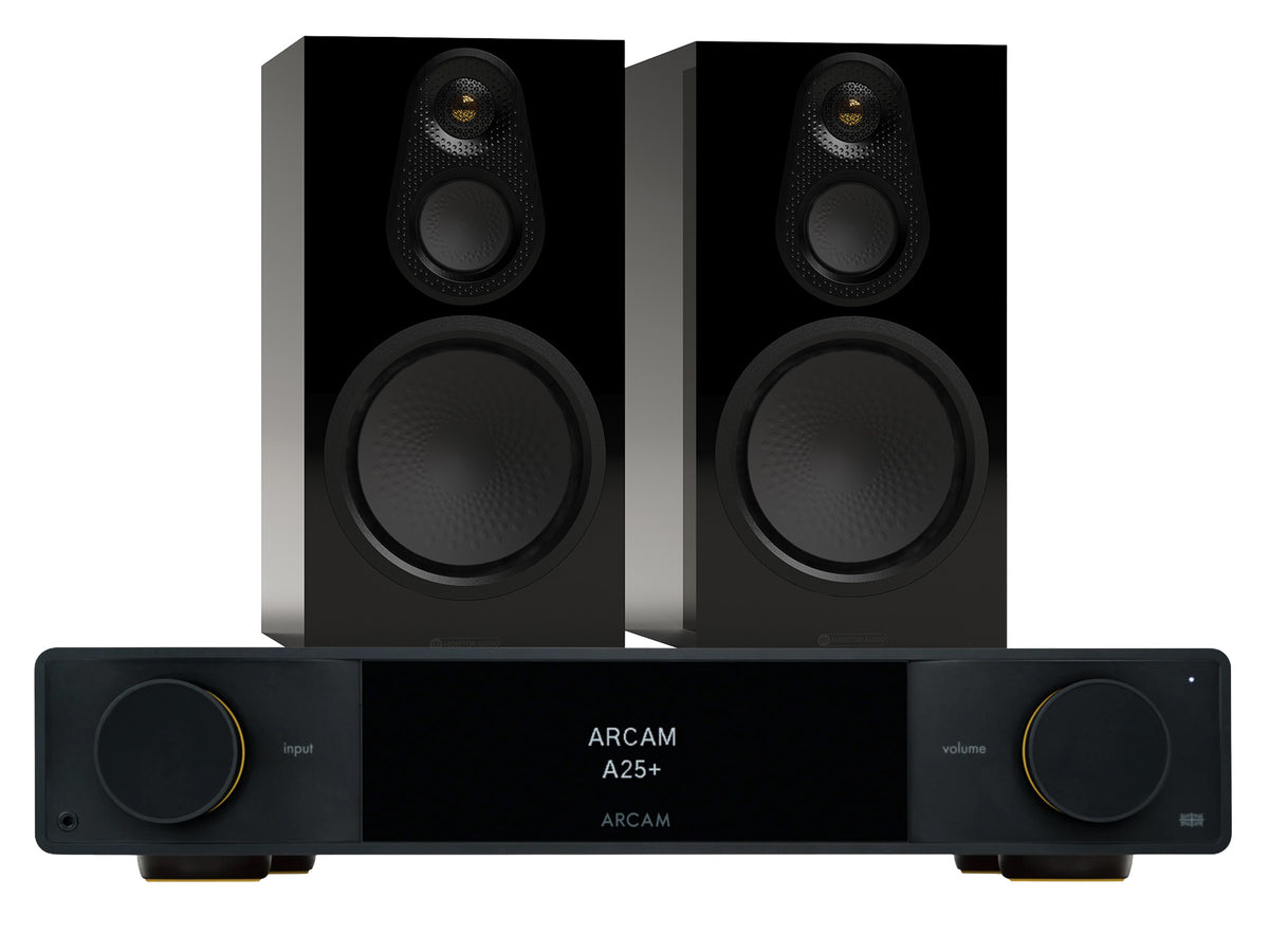 Arcam A25+ Integrated Amplifier with Monitor Audio Silver 8G 100 Bookshelf Speaker