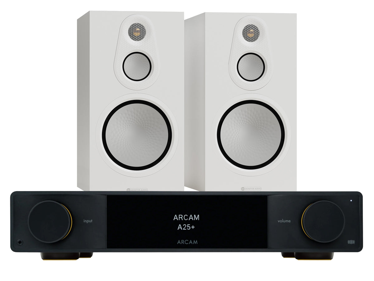 Arcam A25+ Integrated Amplifier with Monitor Audio Silver 8G 100 Bookshelf Speaker