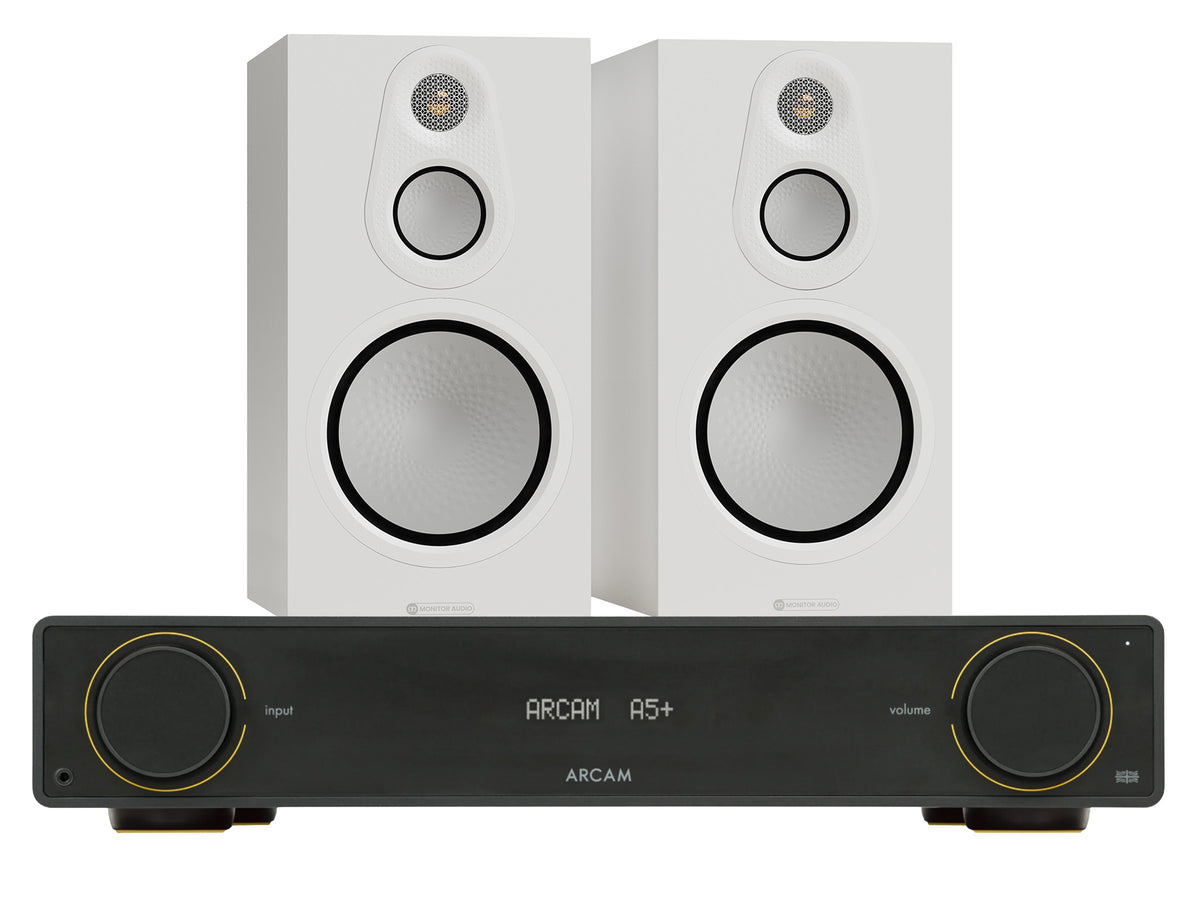 Arcam A5+ Integrated Amplifier with Monitor Audio Silver 8G 100 Bookshelf Speakers