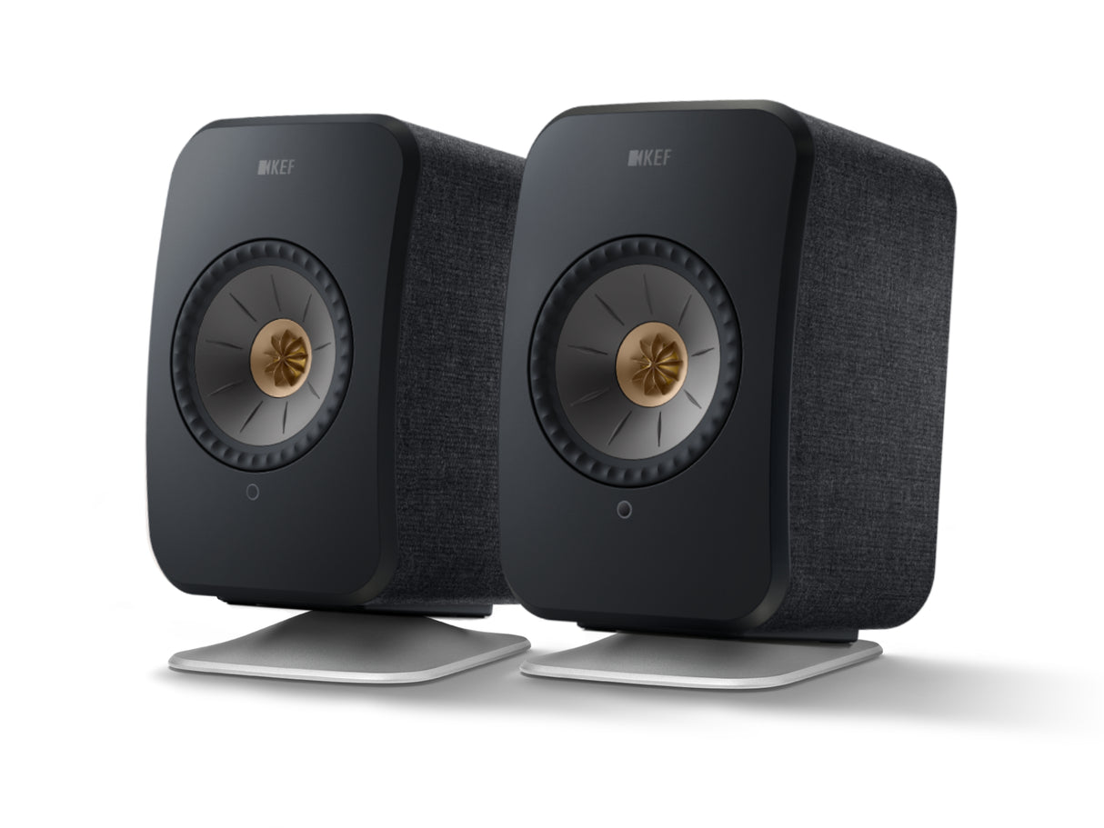 KEF LSX II Wireless Speakers with KEF P1 Desk Pads