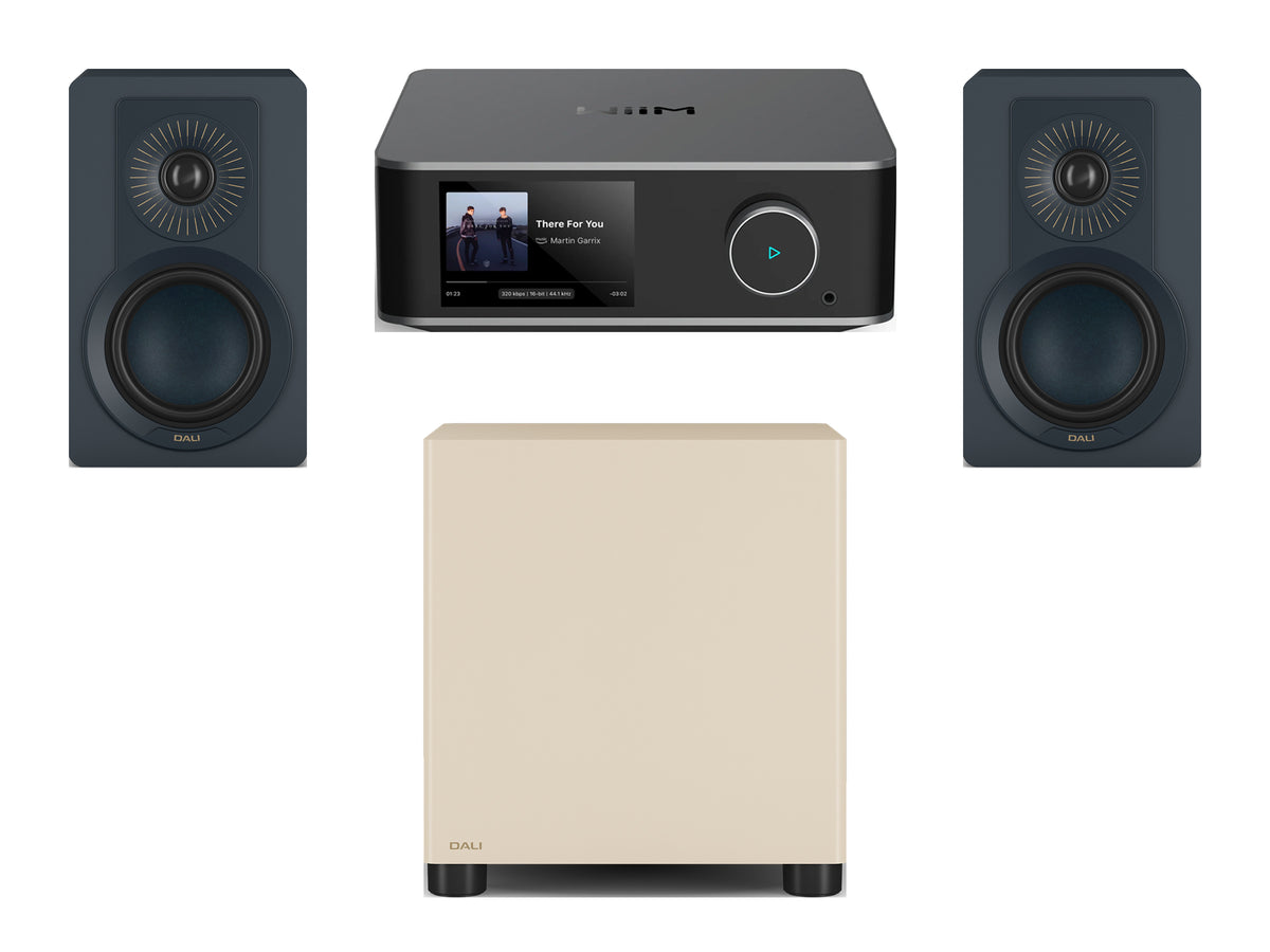 Wiim Amp Ultra Streaming Amplifier with DALI Kupid Bookshelf Speakers & DALI Basik Subwoofer