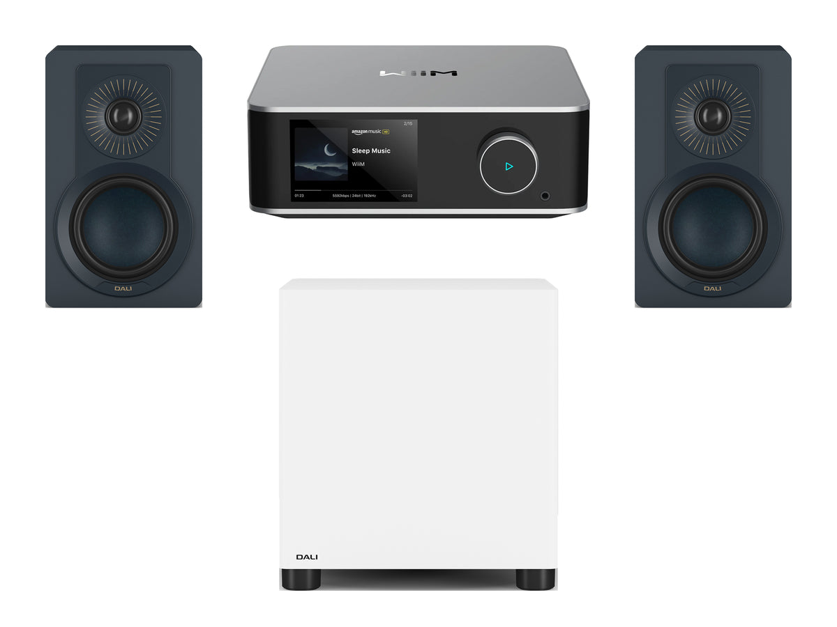 Wiim Amp Ultra Streaming Amplifier with DALI Kupid Bookshelf Speakers & DALI Basik Subwoofer