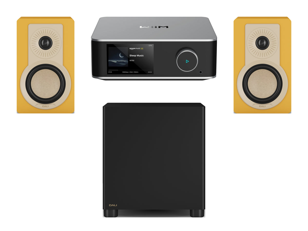Wiim Amp Ultra Streaming Amplifier with DALI Kupid Bookshelf Speakers & DALI Basik Subwoofer
