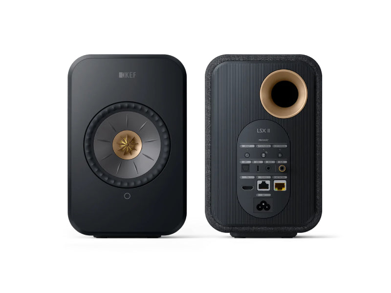 KEF LSX II Wireless Speakers with KEF P1 Desk Pads