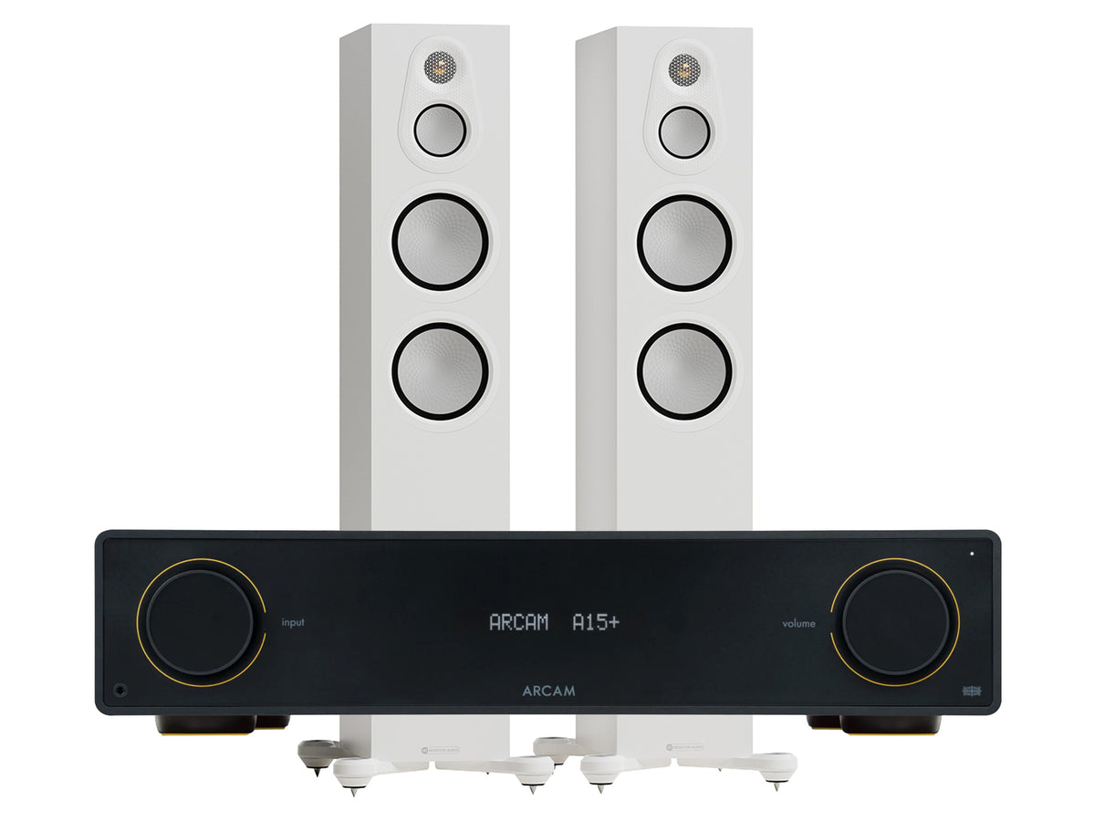 Arcam A15+ Integrated Amplifier with Monitor Audio Silver 8G 300 Floorstanding Speaker