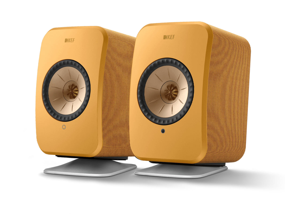 KEF LSX II Wireless Speakers with KEF P1 Desk Pads