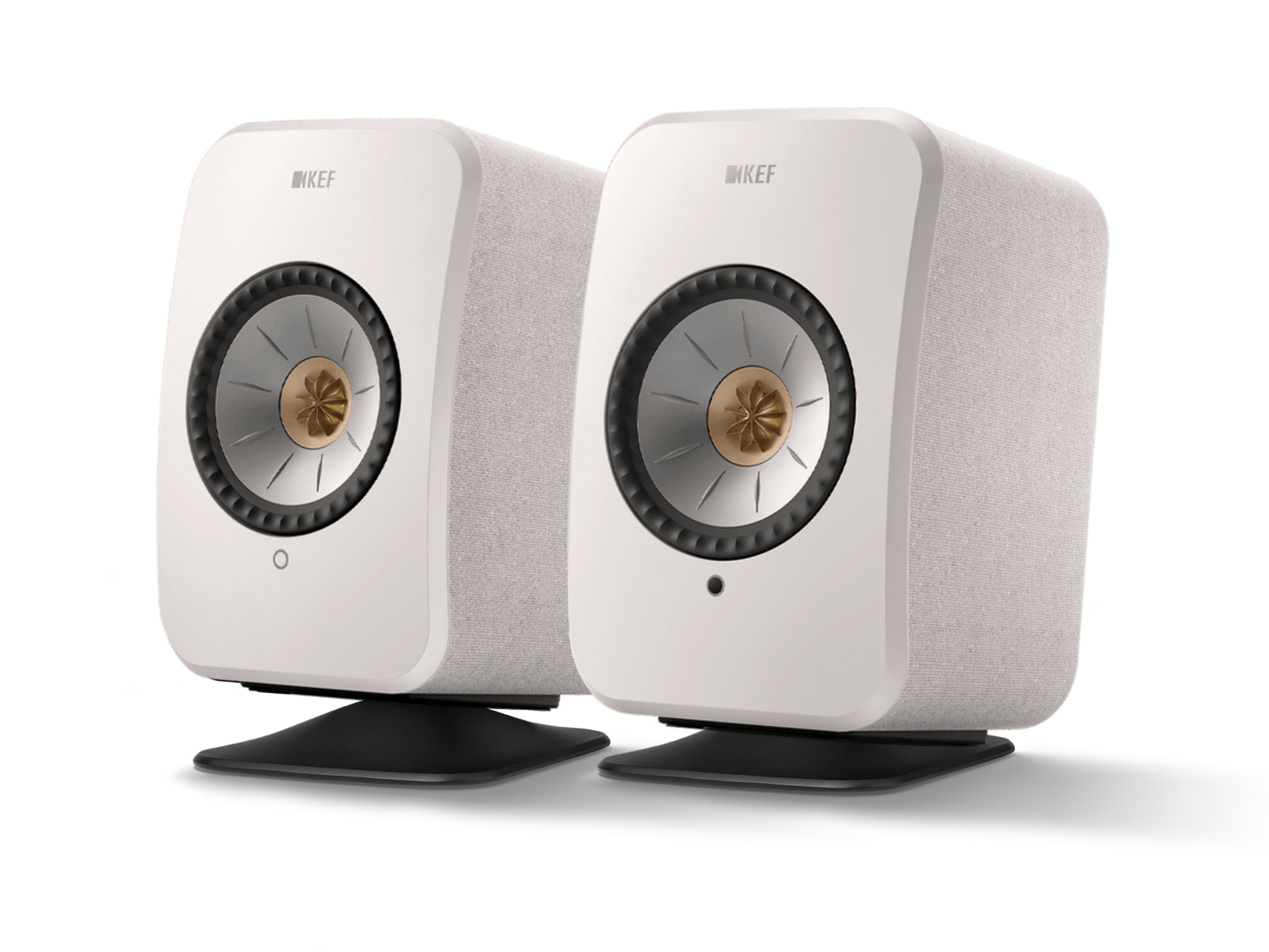 KEF LSX II Wireless Speakers with KEF P1 Desk Pads