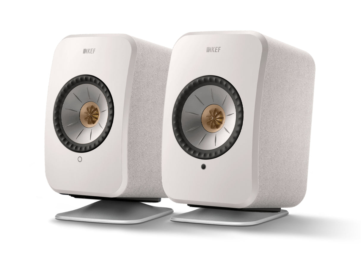 KEF LSX II Wireless Speakers with KEF P1 Desk Pads