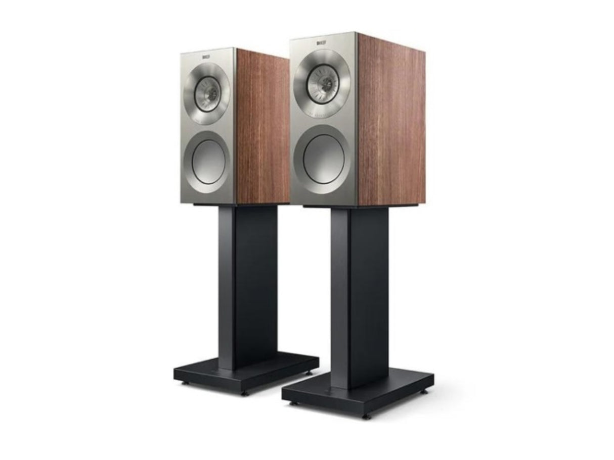 KEF Reference 1 Bookshelf Speakers Satin Walnut/Silver with S-RF1 Black Floor Stands (Ex demonstration)