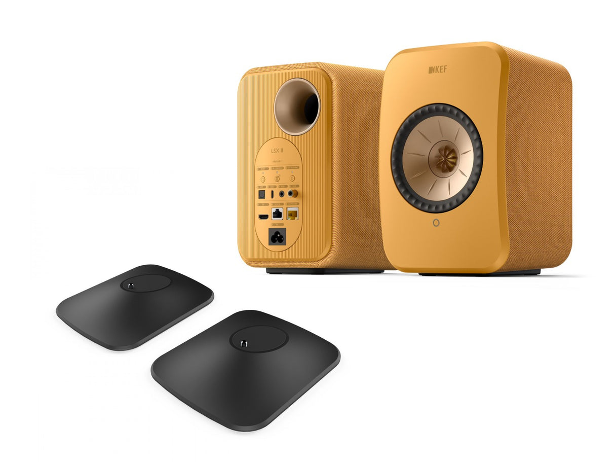 KEF LSX II Wireless Speakers with KEF P1 Desk Pads