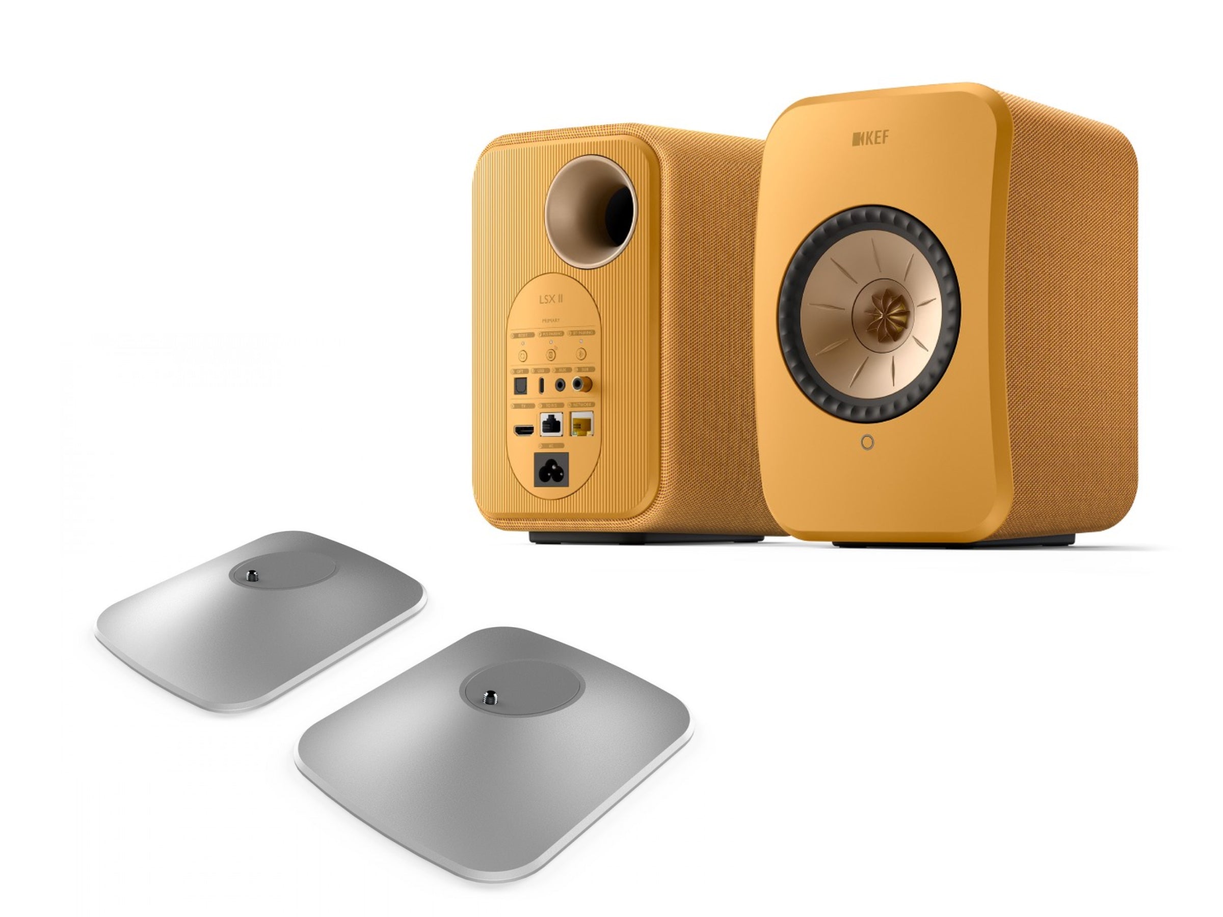 KEF LSX II Wireless Speakers with KEF P1 Desk Pads