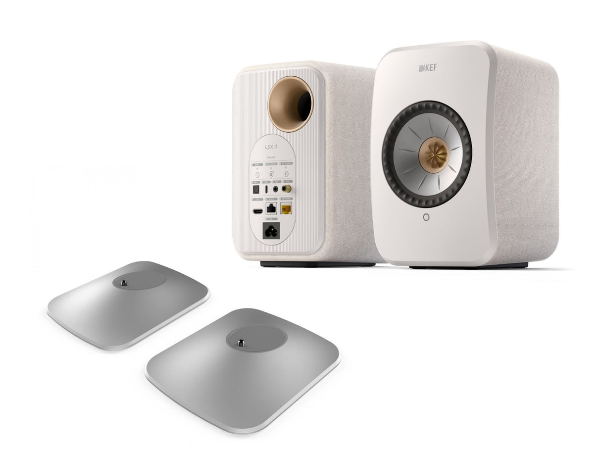 KEF LSX II Wireless Speakers with KEF P1 Desk Pads