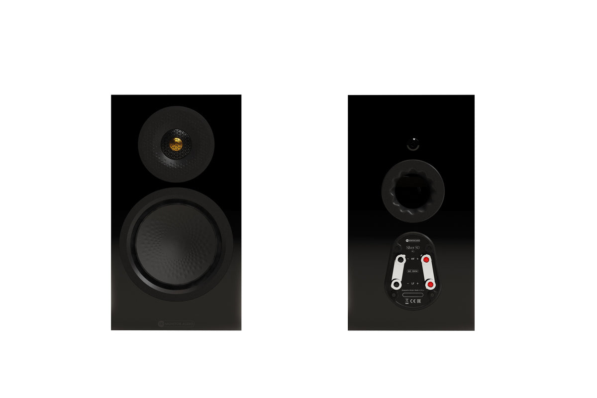 Monitor Audio 8G Silver 50 standmount loudspeaker in black finish showing both front and rear profiles
