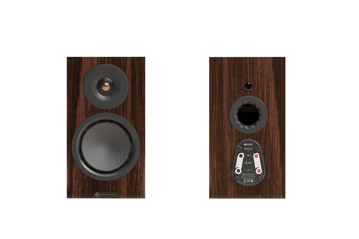 Monitor Audio 8G Silver 50 standmount loudspeaker in walnut finish showing both front and rear profiles