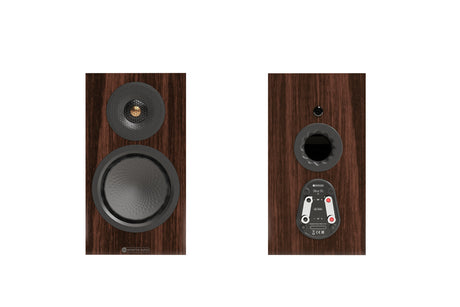 Monitor Audio 8G Silver 50 standmount loudspeaker in walnut finish showing both front and rear profiles