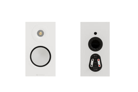 Monitor Audio 8G Silver 50 standmount loudspeaker in white finish showing both front and rear profiles