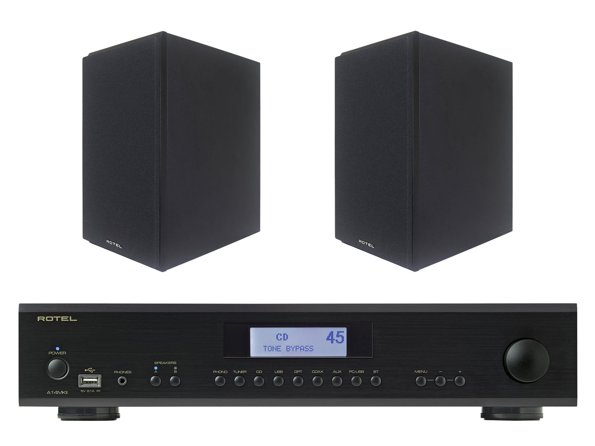 Rotel A14 MkII Integrated Amplifier with Rotel Amora 5 Bookshelf Speaker