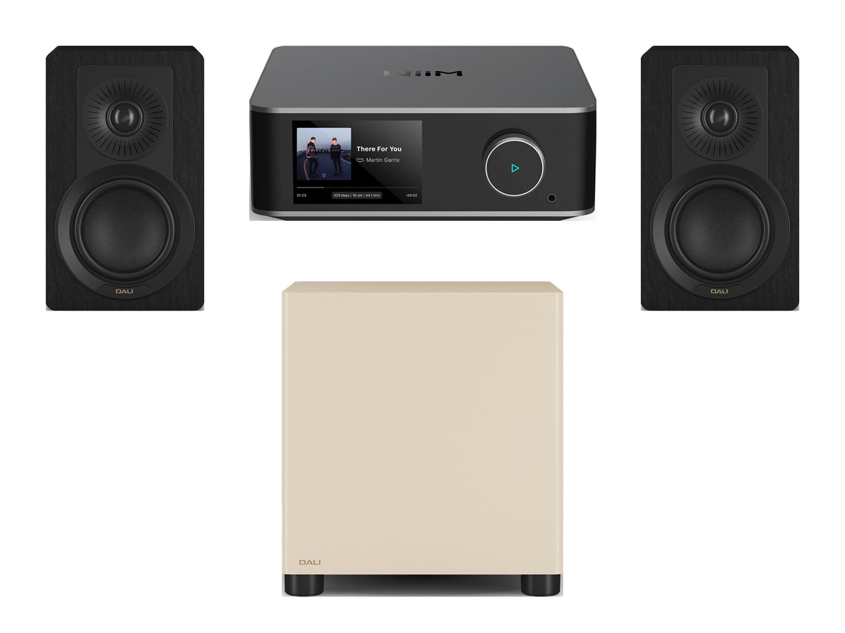 Wiim Amp Ultra Streaming Amplifier with DALI Kupid Bookshelf Speakers & DALI Basik Subwoofer