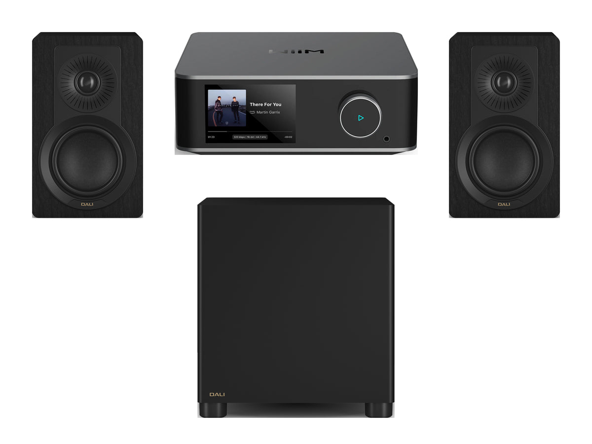 Wiim Amp Ultra Streaming Amplifier with DALI Kupid Bookshelf Speakers & DALI Basik Subwoofer
