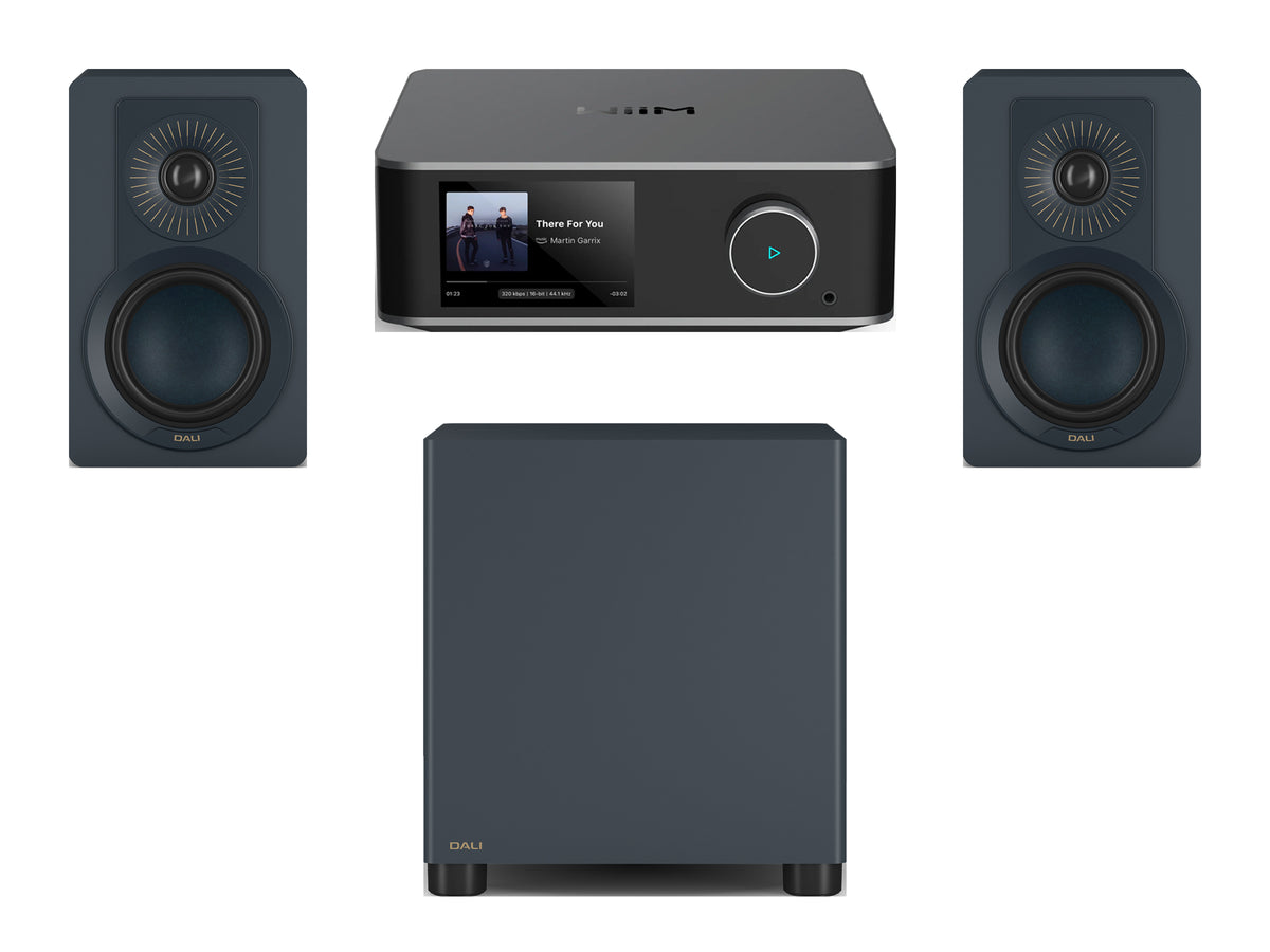 Wiim Amp Ultra Streaming Amplifier with DALI Kupid Bookshelf Speakers & DALI Basik Subwoofer