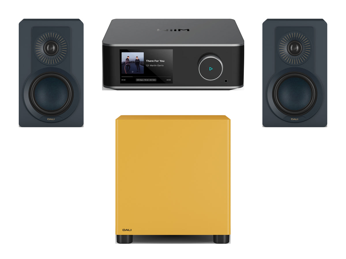Wiim Amp Ultra Streaming Amplifier with DALI Kupid Bookshelf Speakers & DALI Basik Subwoofer