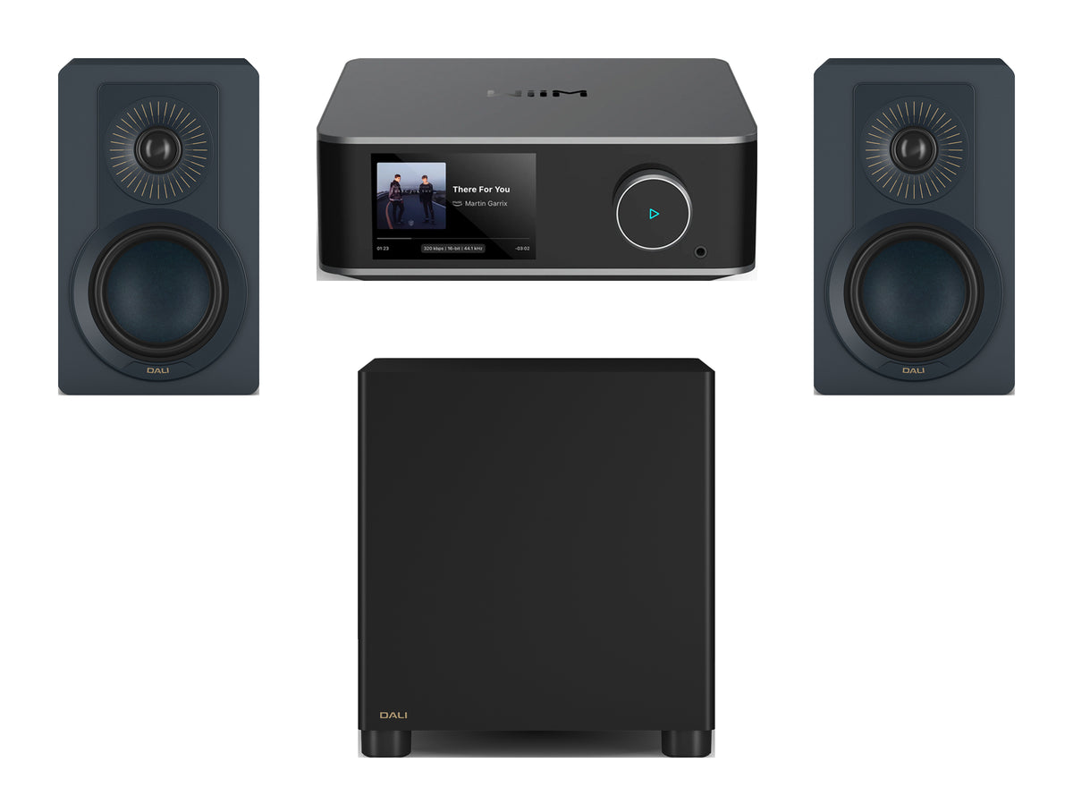 Wiim Amp Ultra Streaming Amplifier with DALI Kupid Bookshelf Speakers & DALI Basik Subwoofer