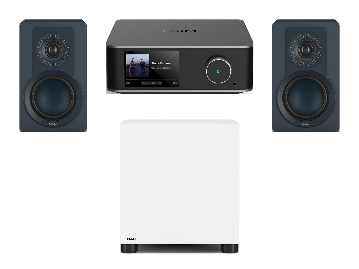 Wiim Amp Ultra Streaming Amplifier with DALI Kupid Bookshelf Speakers & DALI Basik Subwoofer