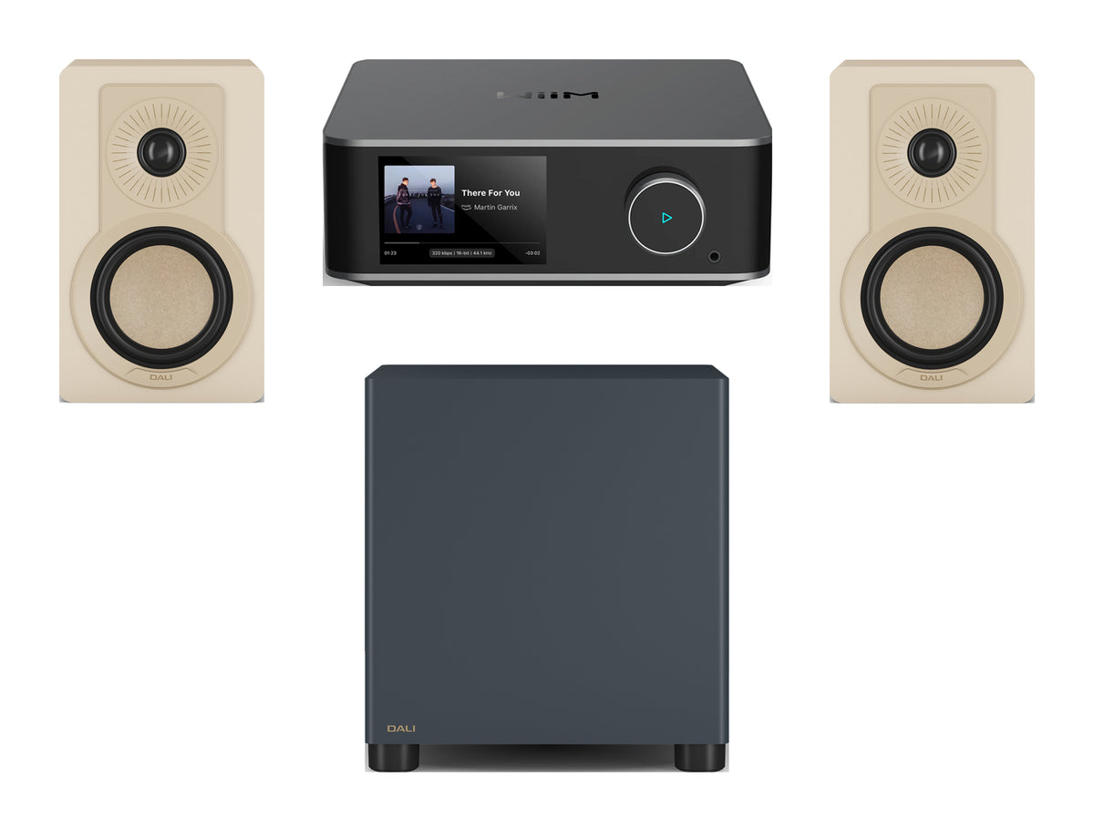 Wiim Amp Ultra Streaming Amplifier with DALI Kupid Bookshelf Speakers & DALI Basik Subwoofer