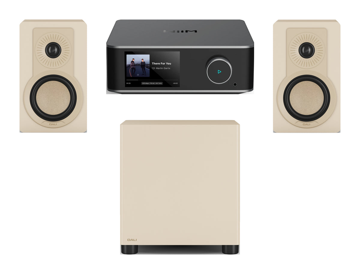 Wiim Amp Ultra Streaming Amplifier with DALI Kupid Bookshelf Speakers & DALI Basik Subwoofer