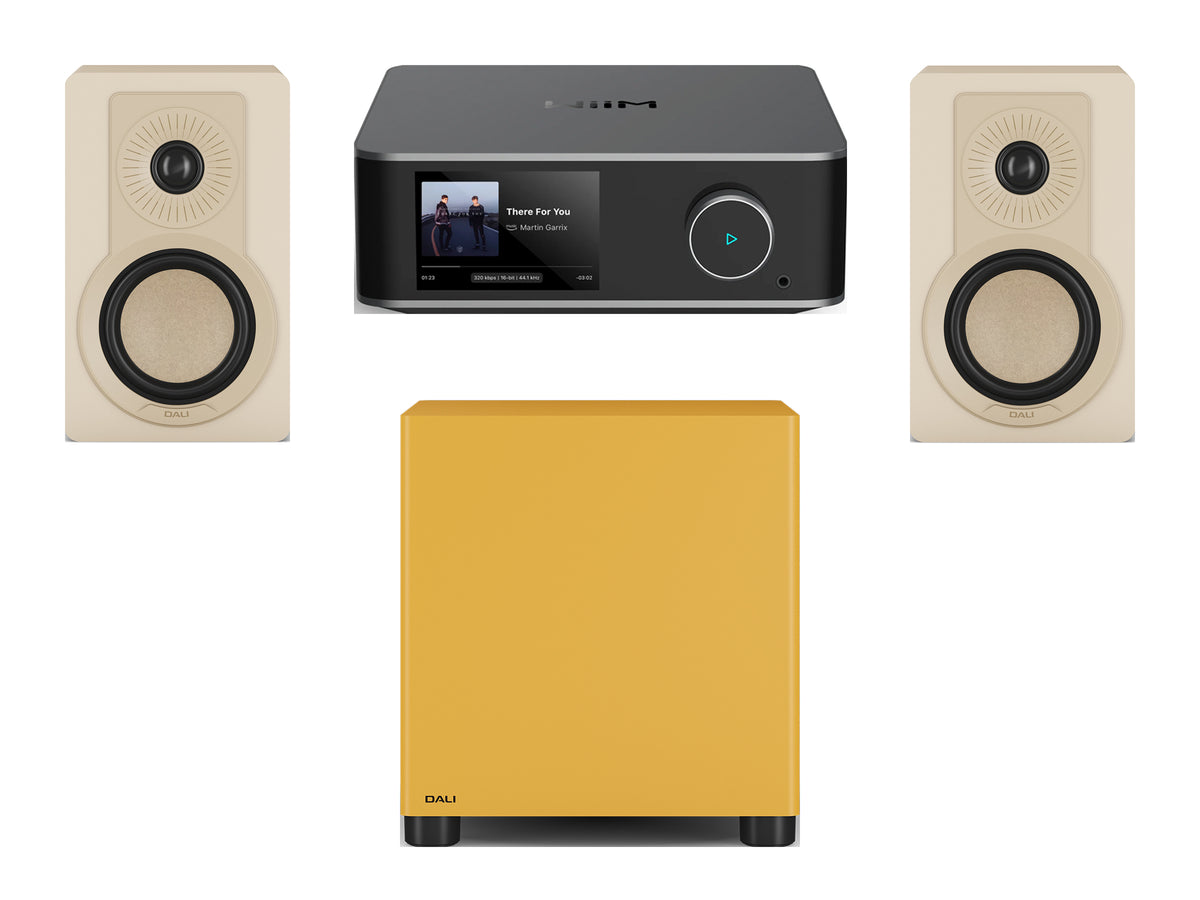 Wiim Amp Ultra Streaming Amplifier with DALI Kupid Bookshelf Speakers & DALI Basik Subwoofer