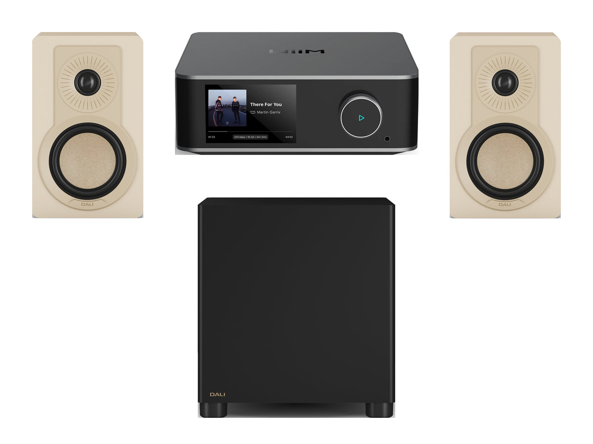 Wiim Amp Ultra Streaming Amplifier with DALI Kupid Bookshelf Speakers & DALI Basik Subwoofer
