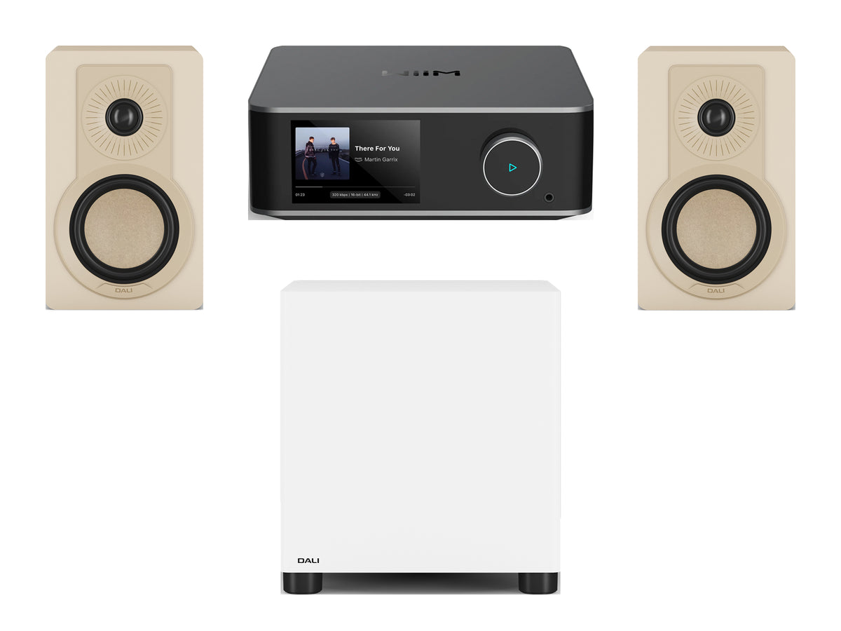 Wiim Amp Ultra Streaming Amplifier with DALI Kupid Bookshelf Speakers & DALI Basik Subwoofer