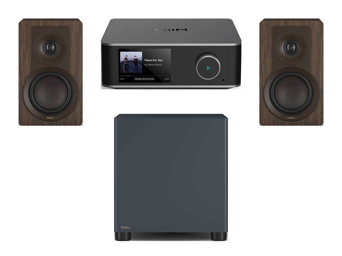 Wiim Amp Ultra Streaming Amplifier with DALI Kupid Bookshelf Speakers & DALI Basik Subwoofer