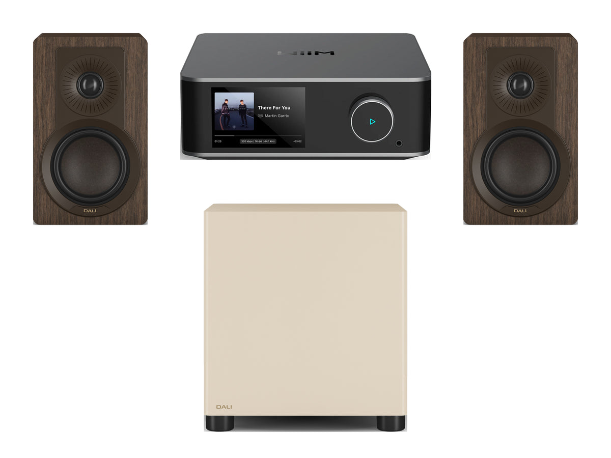 Wiim Amp Ultra Streaming Amplifier with DALI Kupid Bookshelf Speakers & DALI Basik Subwoofer
