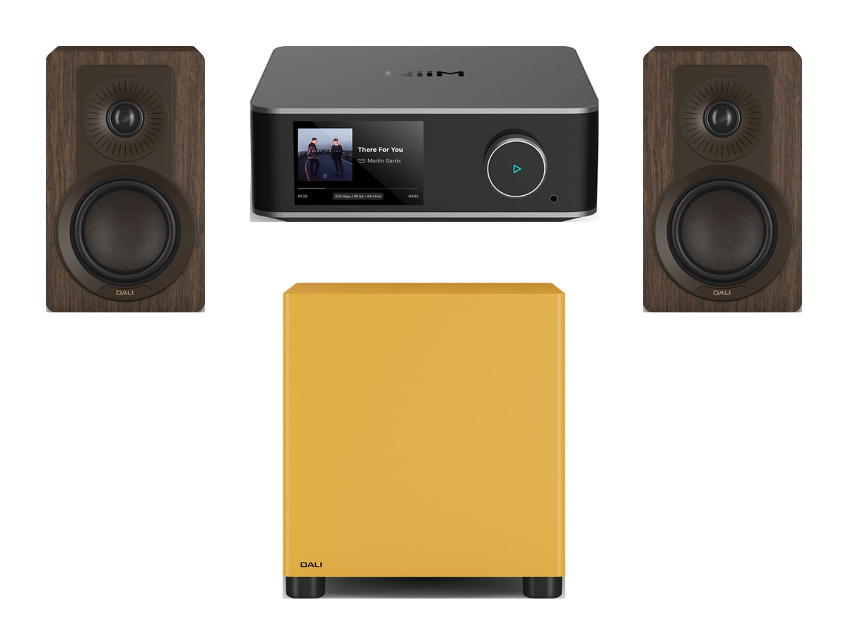 Wiim Amp Ultra Streaming Amplifier with DALI Kupid Bookshelf Speakers & DALI Basik Subwoofer