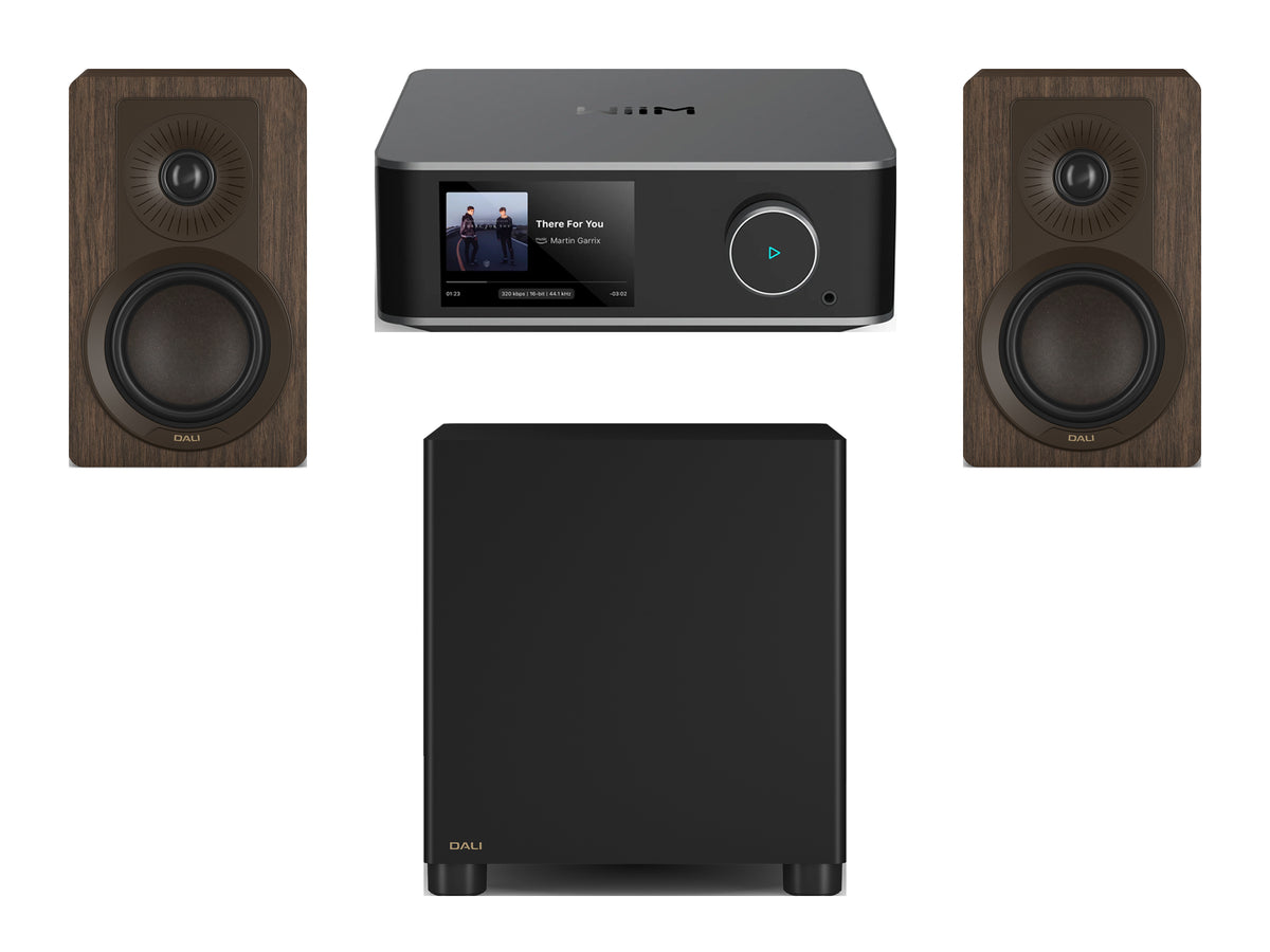 Wiim Amp Ultra Streaming Amplifier with DALI Kupid Bookshelf Speakers & DALI Basik Subwoofer