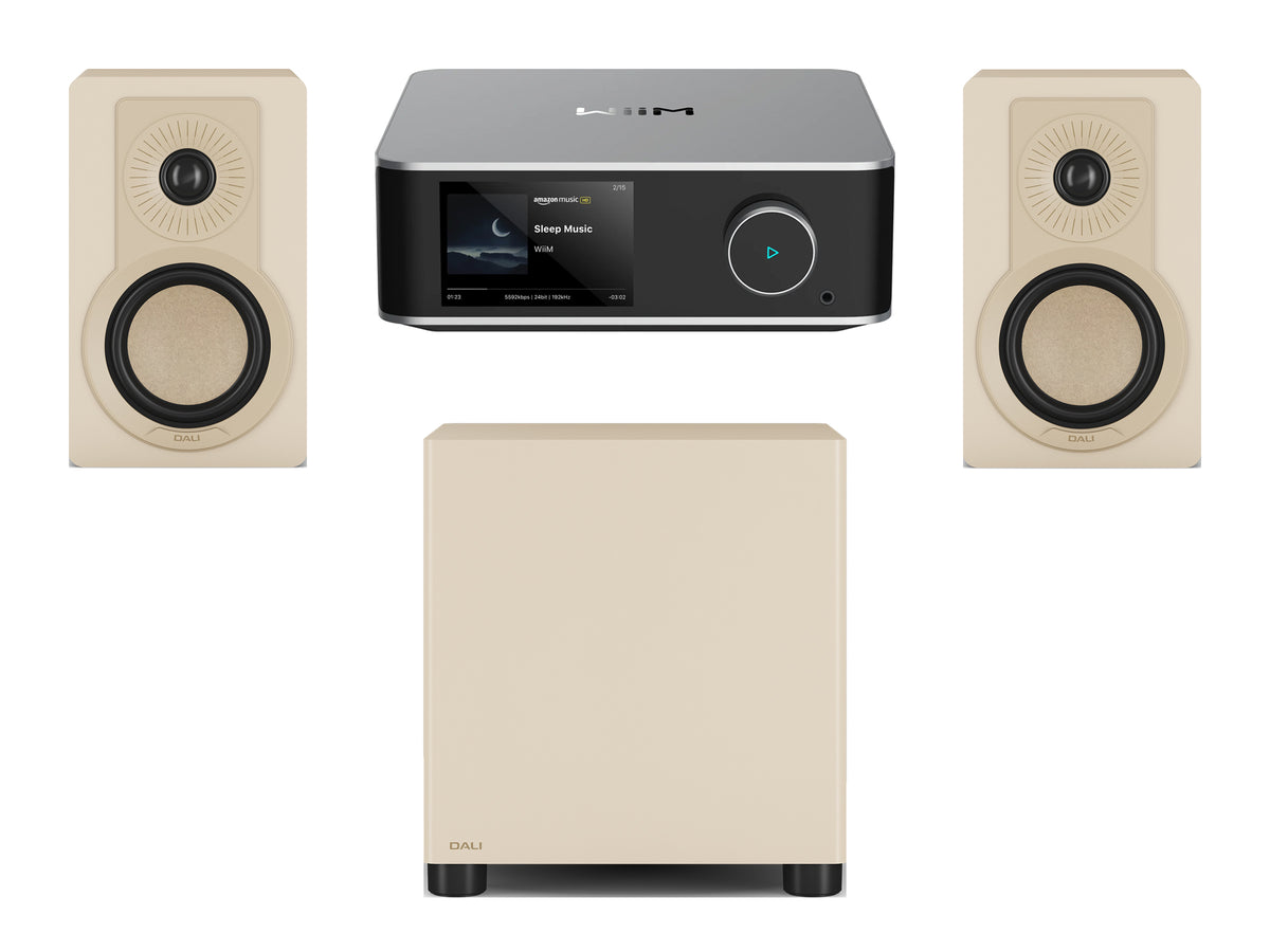 Wiim Amp Ultra Streaming Amplifier with DALI Kupid Bookshelf Speakers & DALI Basik Subwoofer