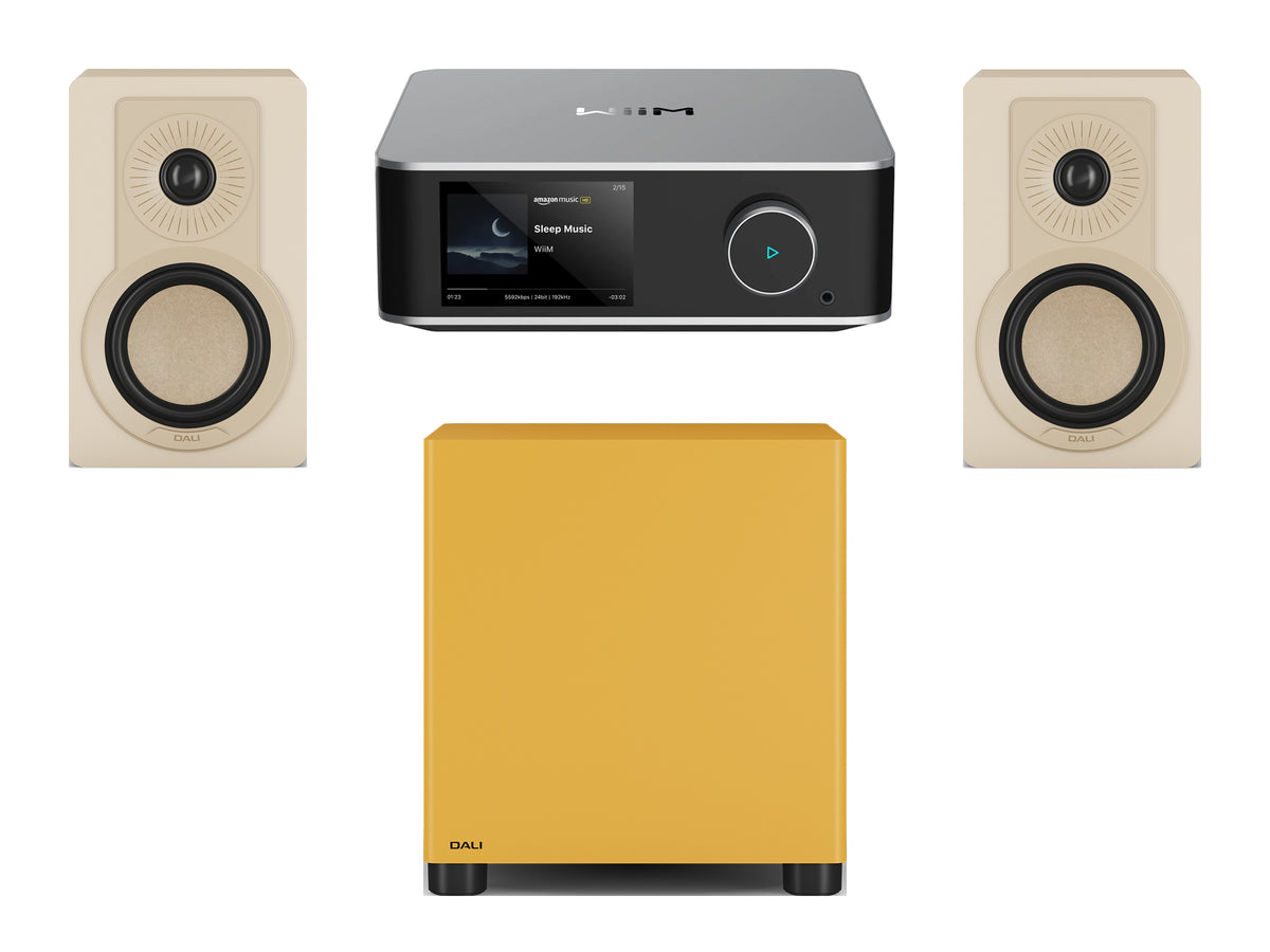 Wiim Amp Ultra Streaming Amplifier with DALI Kupid Bookshelf Speakers & DALI Basik Subwoofer