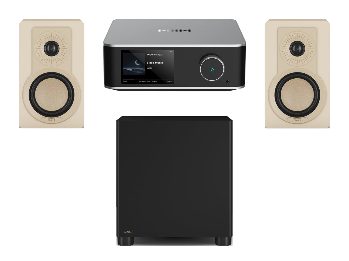 Wiim Amp Ultra Streaming Amplifier with DALI Kupid Bookshelf Speakers & DALI Basik Subwoofer