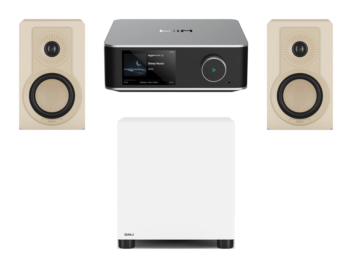 Wiim Amp Ultra Streaming Amplifier with DALI Kupid Bookshelf Speakers & DALI Basik Subwoofer