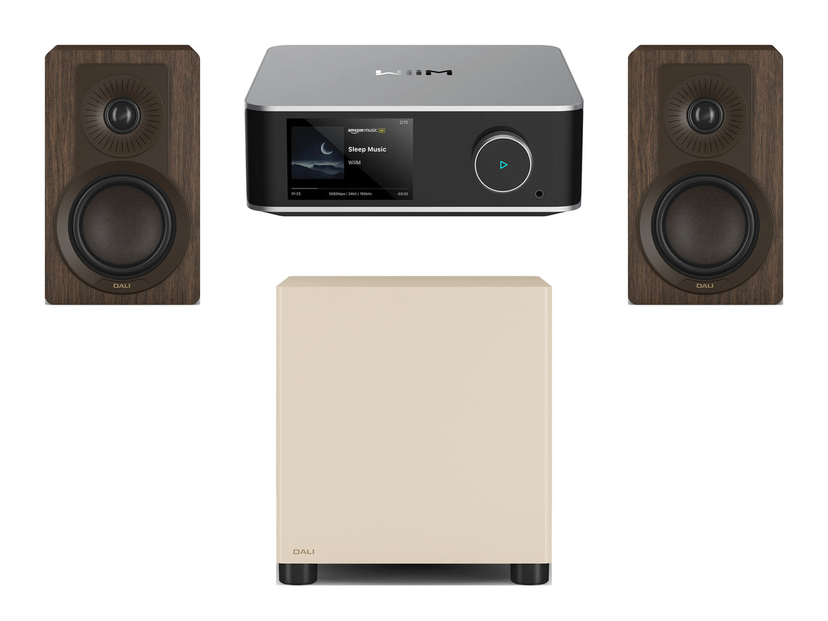 Wiim Amp Ultra Streaming Amplifier with DALI Kupid Bookshelf Speakers & DALI Basik Subwoofer