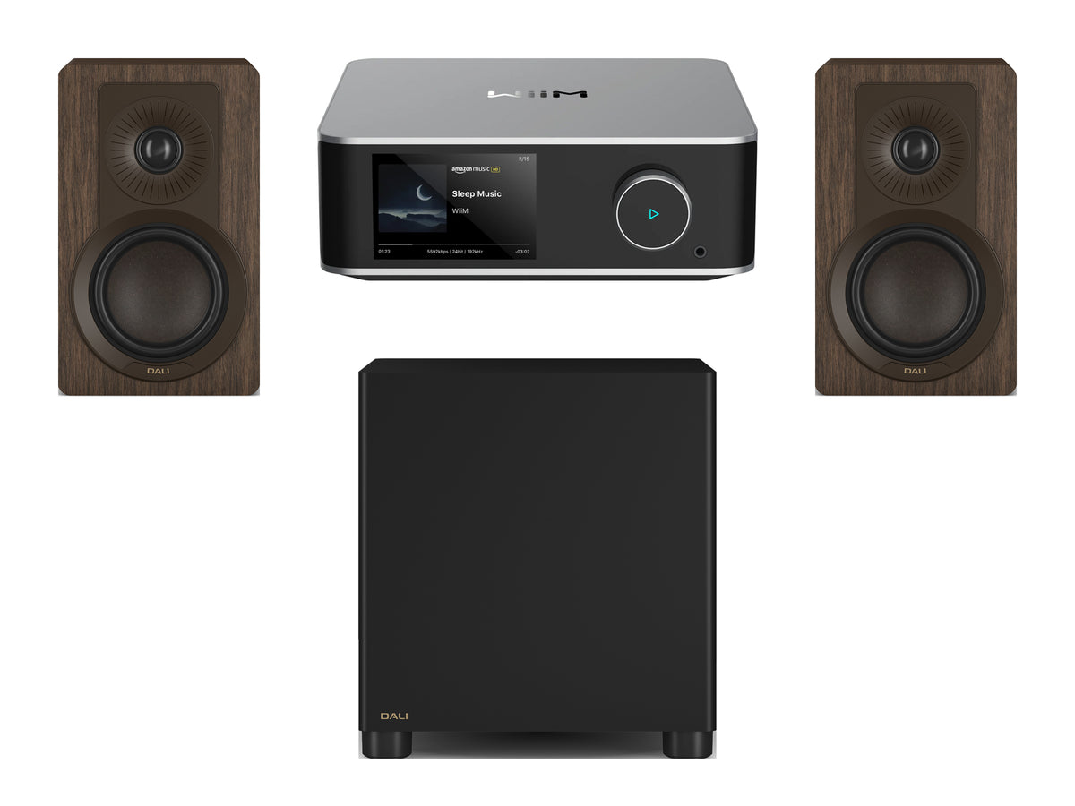 Wiim Amp Ultra Streaming Amplifier with DALI Kupid Bookshelf Speakers & DALI Basik Subwoofer
