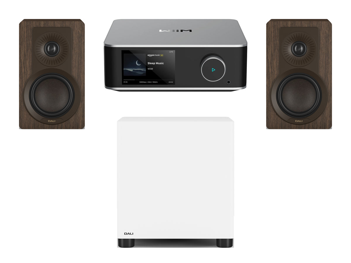 Wiim Amp Ultra Streaming Amplifier with DALI Kupid Bookshelf Speakers & DALI Basik Subwoofer