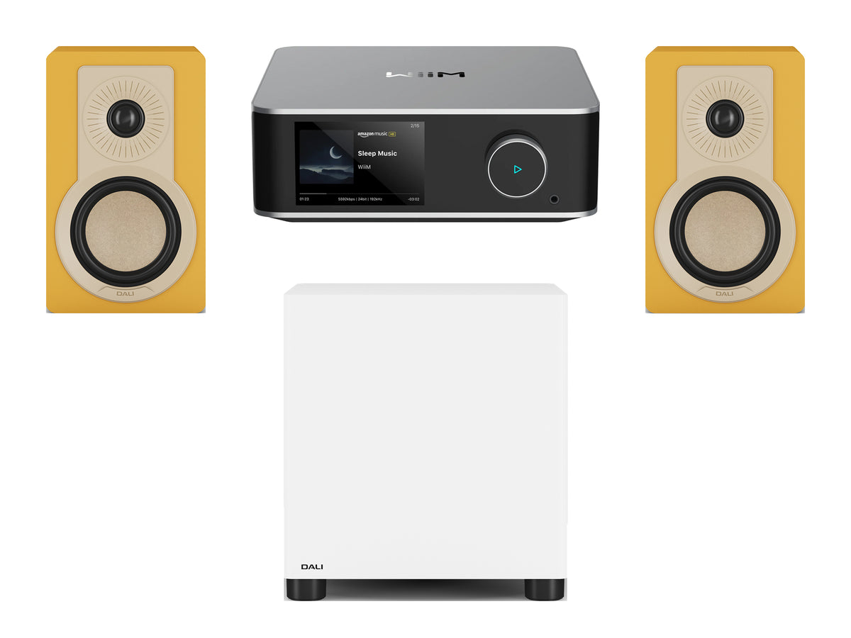 Wiim Amp Ultra Streaming Amplifier with DALI Kupid Bookshelf Speakers & DALI Basik Subwoofer