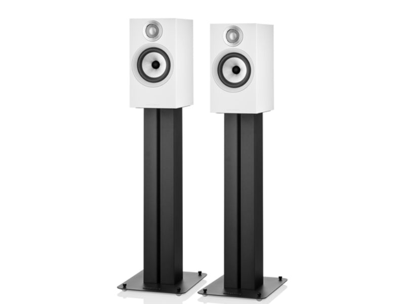 B&W 607 S2 Anniversary Edition White Speakers on Stands